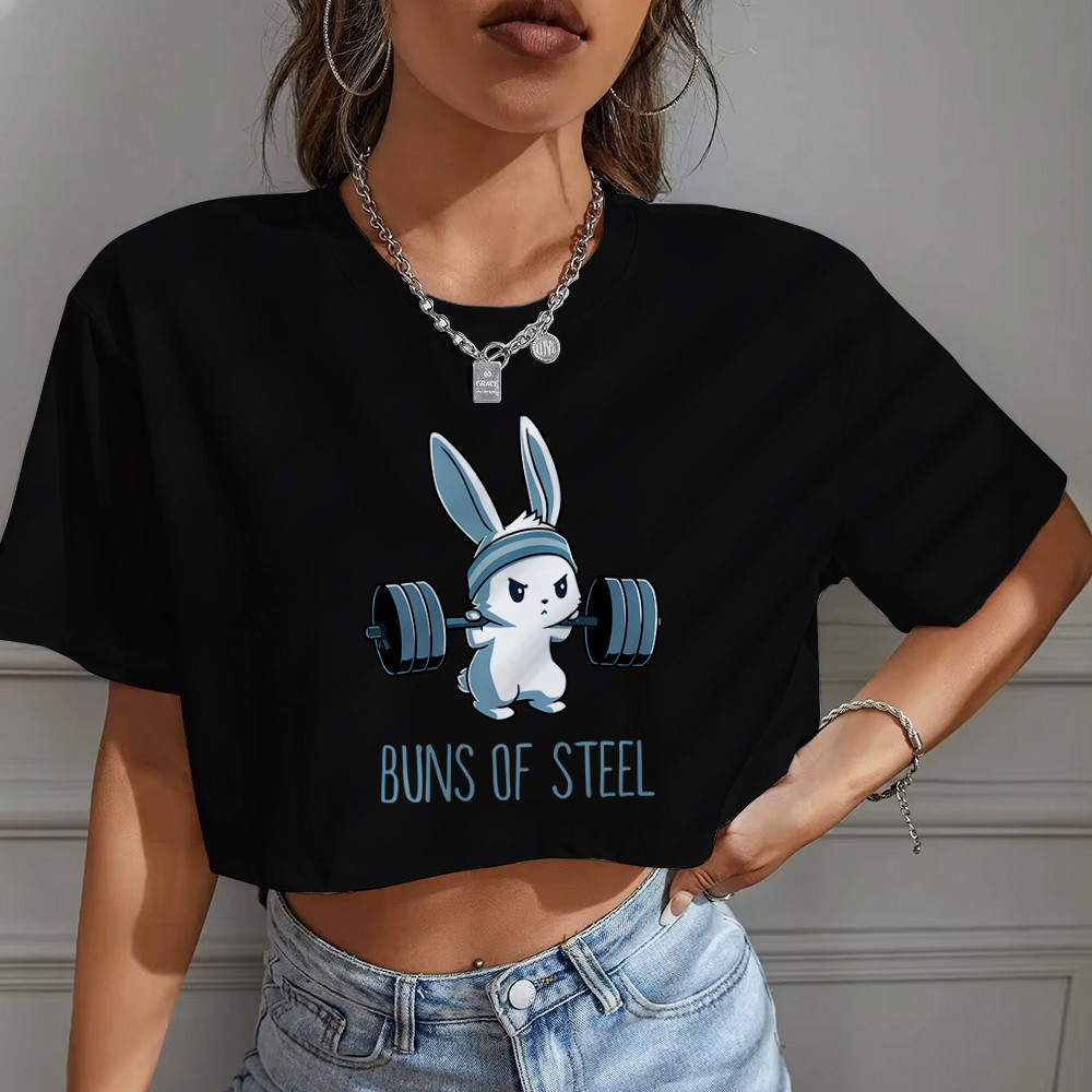 Cropped Top Estilosa Oversized Feminina Versão Buns Of Steel Coelho Fofo Academia Unissex