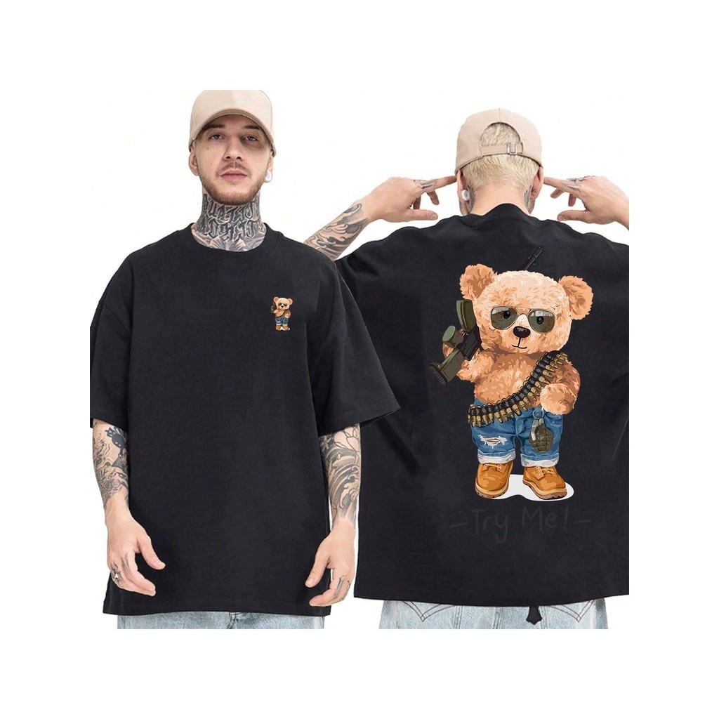 Camiseta OVERSIZED Preta StreetWear Gola em Ribanna Alta Plus Size Modelo: "SOLDAD BEAR" ! !
