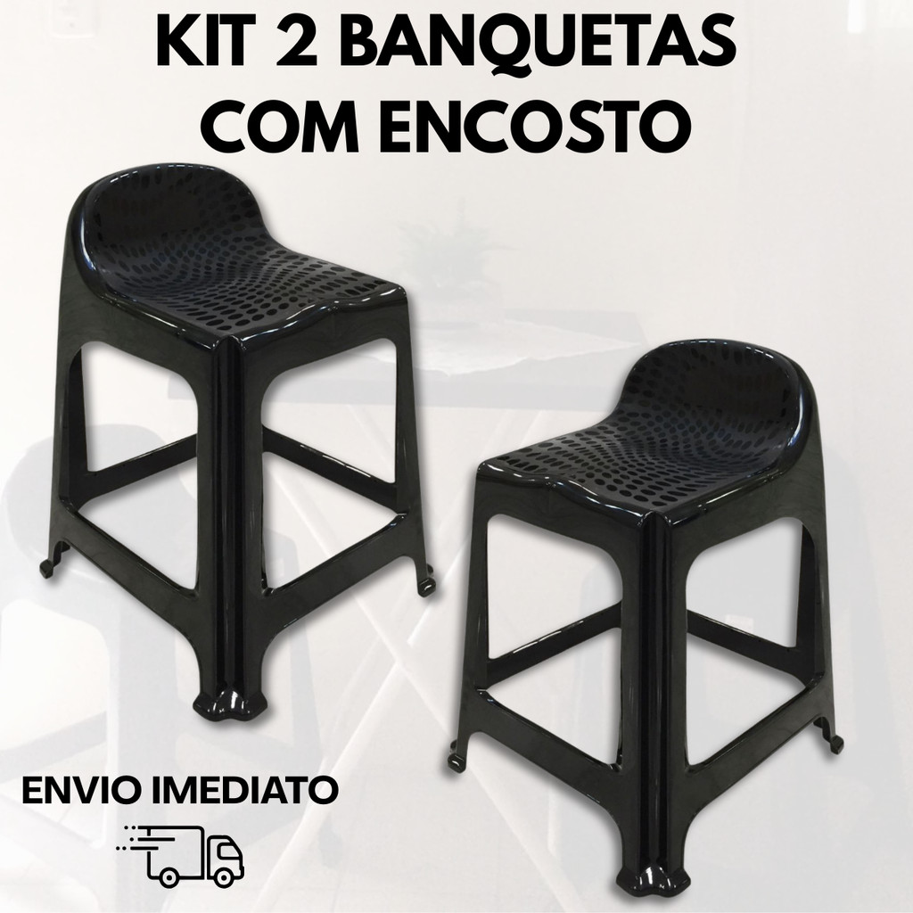 Kit Com 2 Banquetas Bancos De Plástico Com Encosto Suporta Até 100 Kg Reforçada Resistente Reforçada