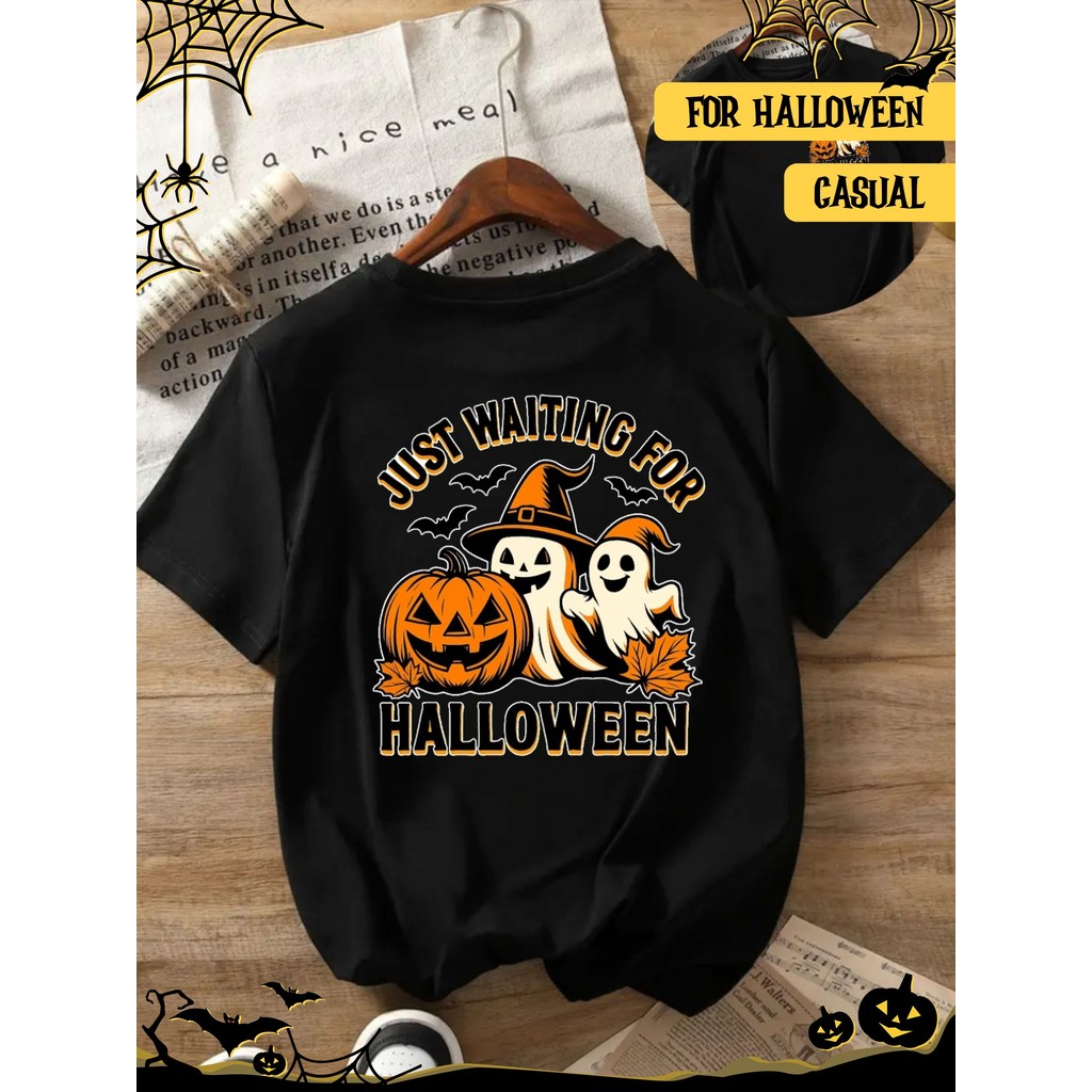 Bonito Camiseta Plus Size Femininas De Halloween, Estampa "Just Waiting For Halloween" Com Abóbora E Fantasmas