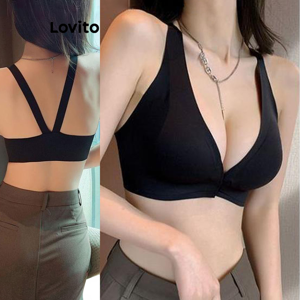 Lovito Sutiã Bralette Feminino Casual Respirável Sem Fio Push-up Com Botões Frontais Verão/primavera LNE83360 em Oferta na Shopee