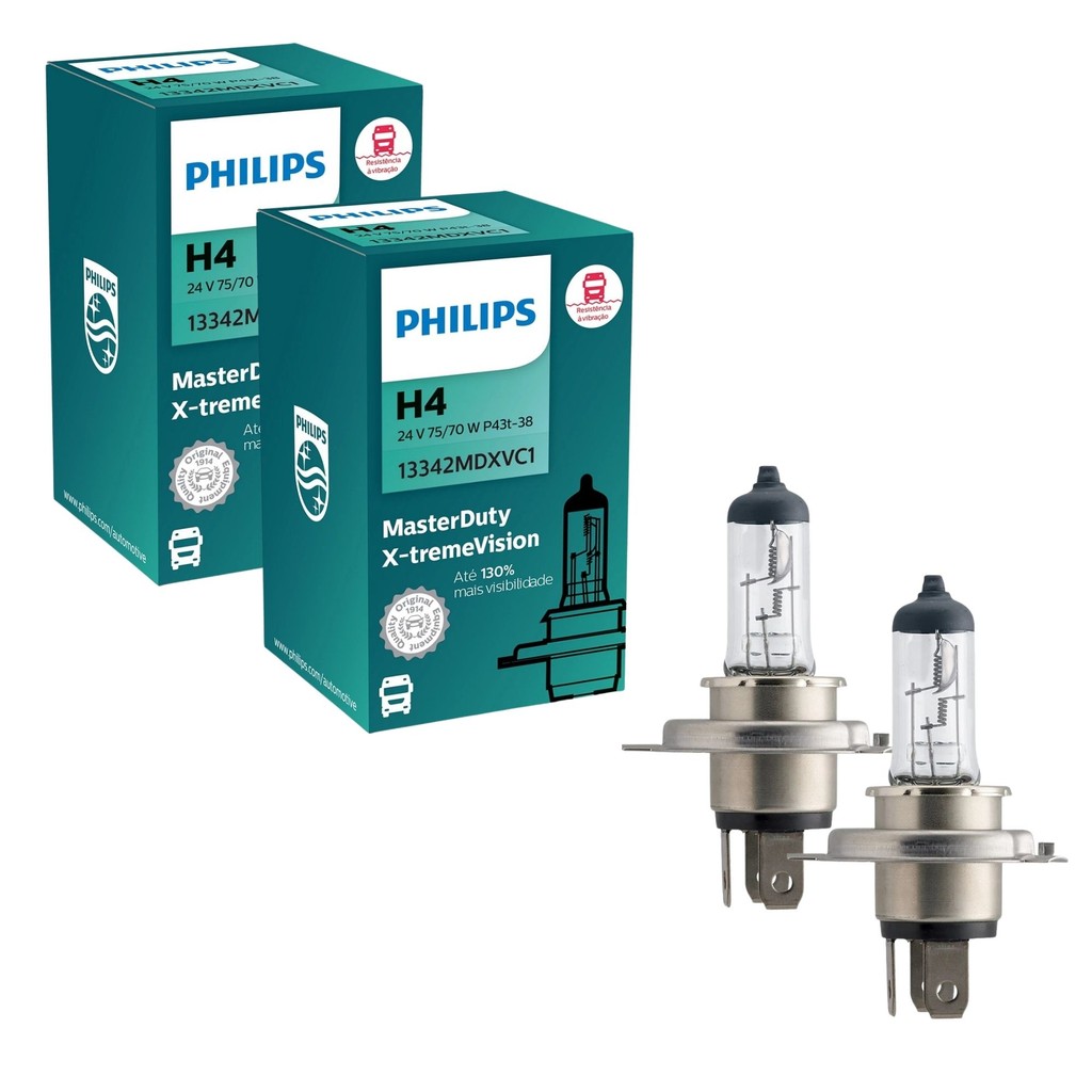 PAR DE LÂMPADA PHILIPS X-TREME VISION 130%+ VISIBILIDADE H4 24V CAMINHÃO ÔNIBUS 70W/75W