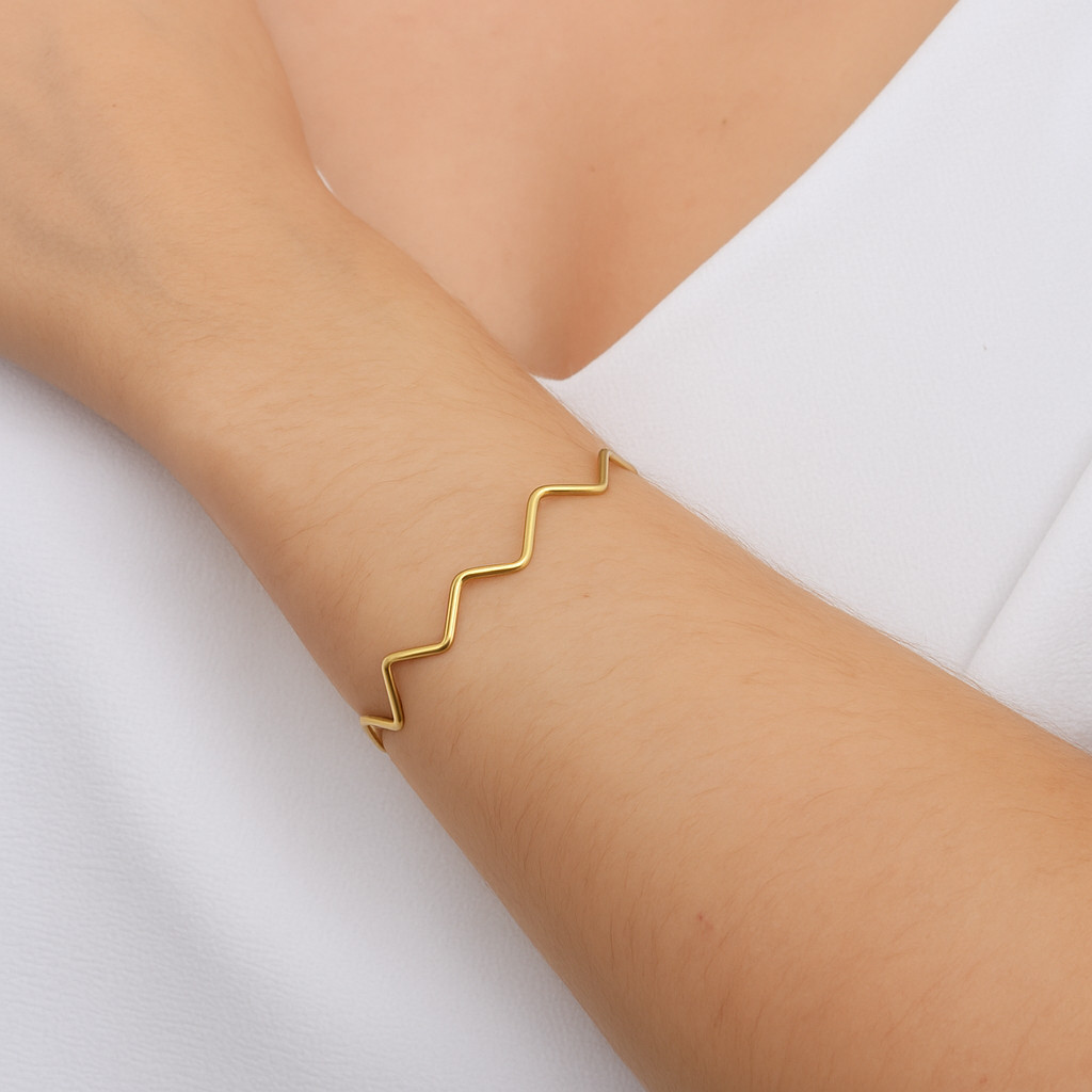 Bracelete Feminino Aberto Regulável Ondas Dourado Exclusivo com Garantia Banhado a Ouro 18k
