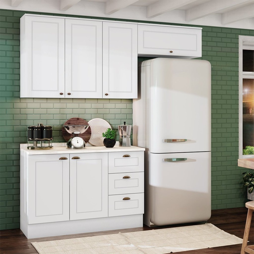 Cozinha Compacta com Tampo 3 Peças 6 Portas 3 Gavetas Emily Espresso Móveis Branco HP/Calcare