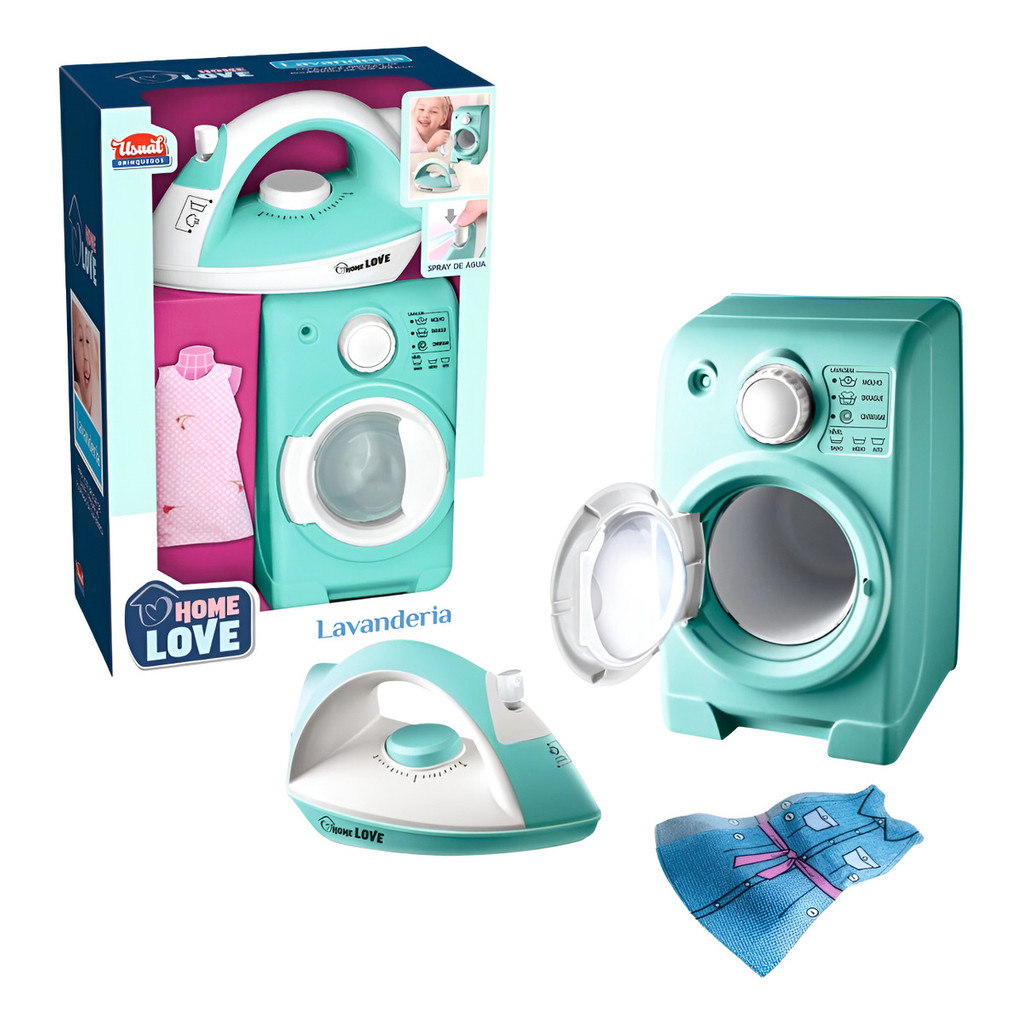 Kit Lavanderia Brinquedo Infantil C/ Máquina de Lavar Ferro Roupinha P/ Crianças Presente Roupas