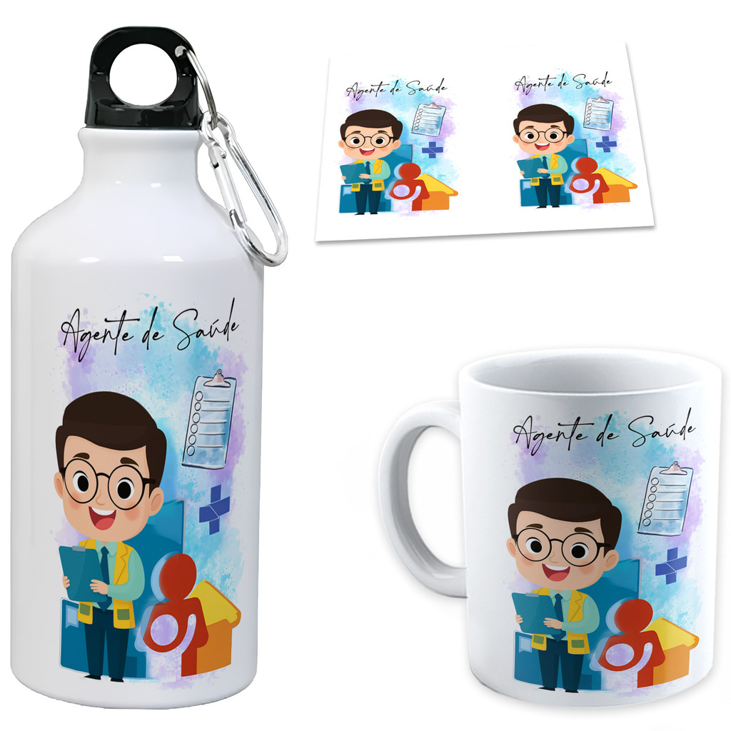 Kit Caneca Personalizada + Garrafinha Agente de Saúde Masculino Garrafa Água Squeeze Aluminio 500ml