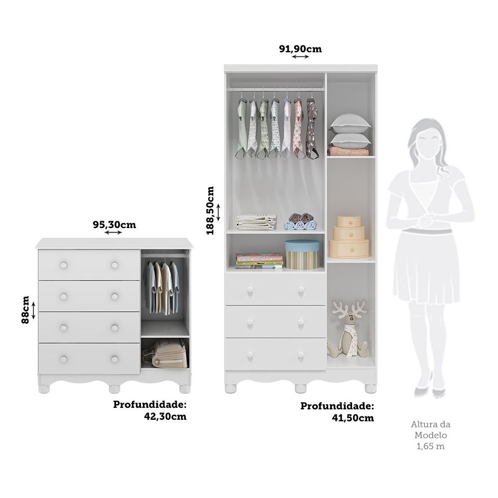Detalhes do Quarto Infantil com Guarda Roupas 3 Portas e Cômoda com Janelas 100% Mdf Lana Espresso Móveis Branco Brilho