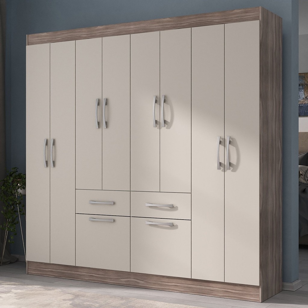 Guarda-roupa Casal 8 Portas 2 Gavetas 2 Basculante Rubi Yescasa Off White/Castanho