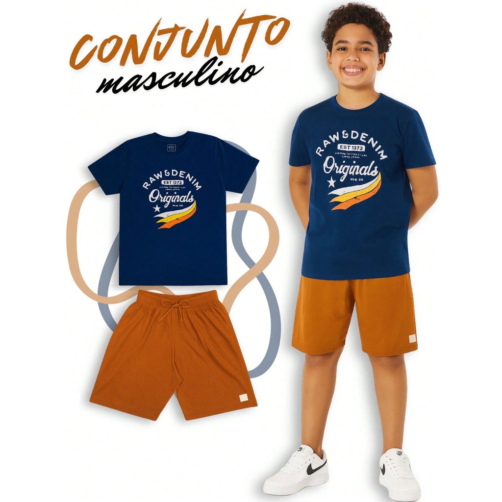 Conjunto Infantil Menino 100% Algodão – Camiseta Estampada + Bermuda com Cadarço Decorativo