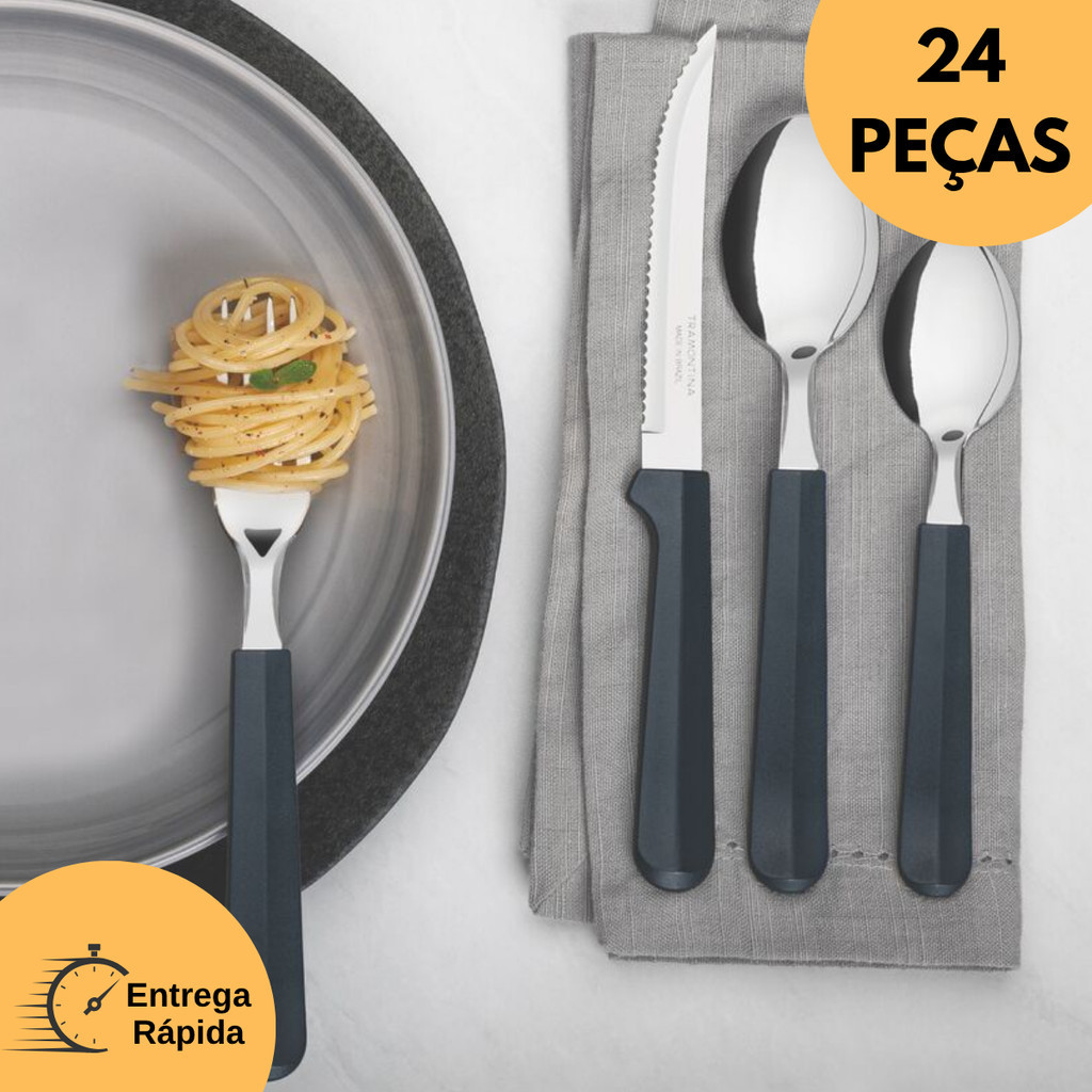 OFERTA Faqueiro Jogo de Talheres 24 peças Inox com Cabo de Plastico Utensilios para Cozinha