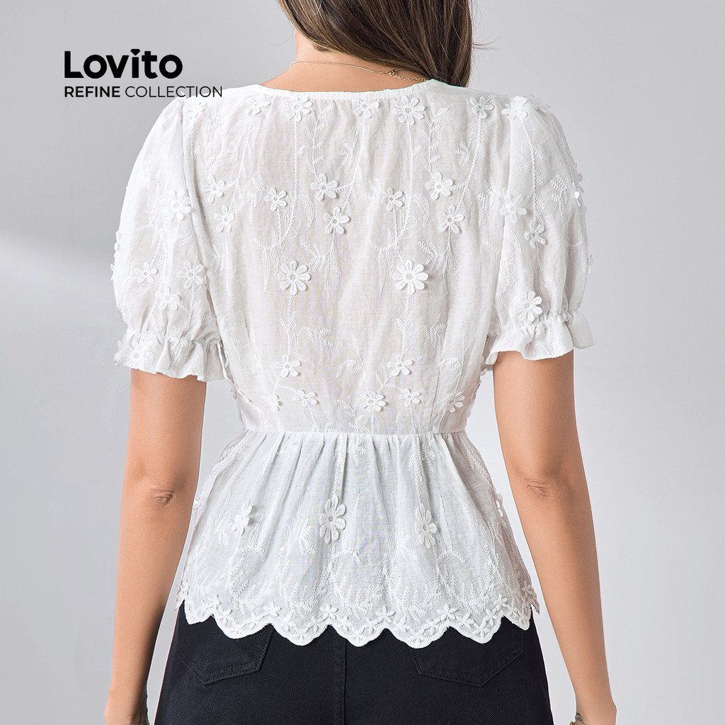 Detalhes do Lovito Refine Blusa Feminina Branca com Bordado Sofisticado e Textura Agradável LR12L110