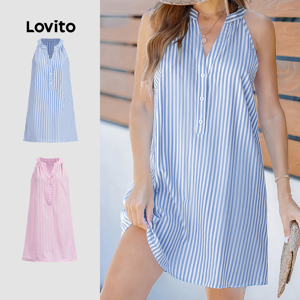 Lovito Vestido Boho Listrado Botão Primavera/verão Azul Vestido Verão/primavera Para Mulheres L134ED469