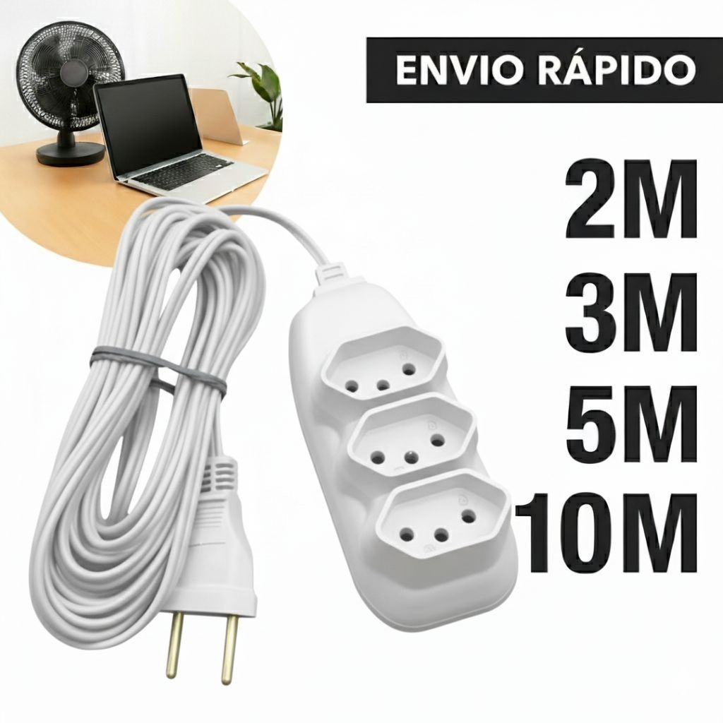 Extensão Elétrica Tripolar 10A Bivolt 2m / 3m / 5m / 10m Branca