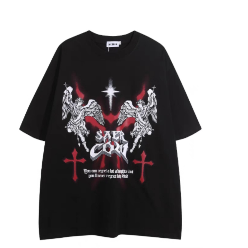 Camiseta Unissex Oversized Plus Size Feminina Masculina De  Estilo Street-chic Com Estampa De Anjo "SAFE COW"