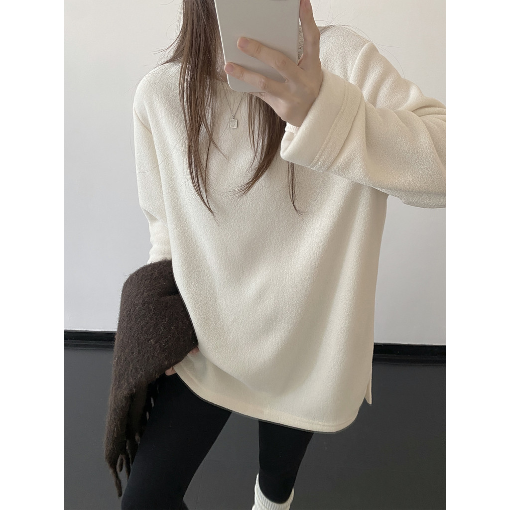 Sol toranja confortável toalha círculo velo camisa de fundo feminino outono inverno solto branco interior simples em tor
