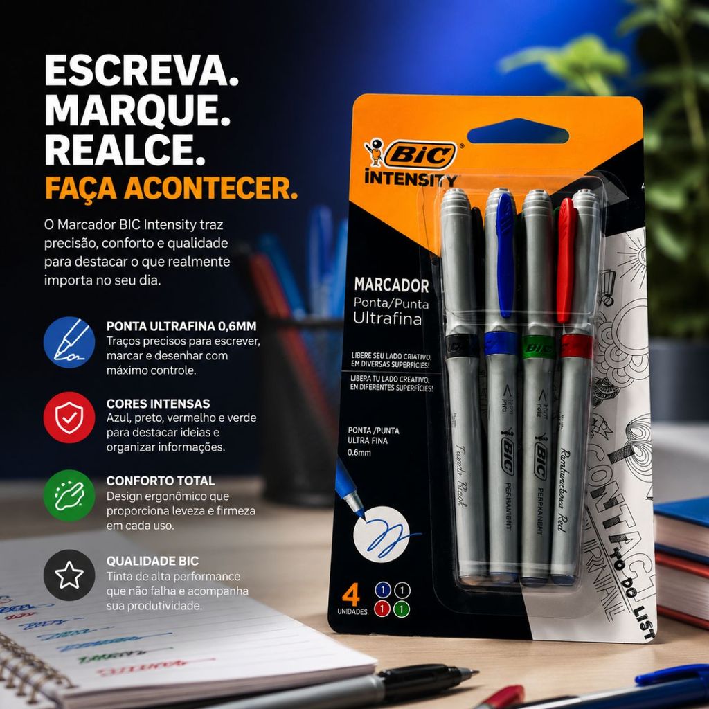 Caneta Marcador Bic Intensity Fine 4 Cores Ponta Ultrafina 0.6mm