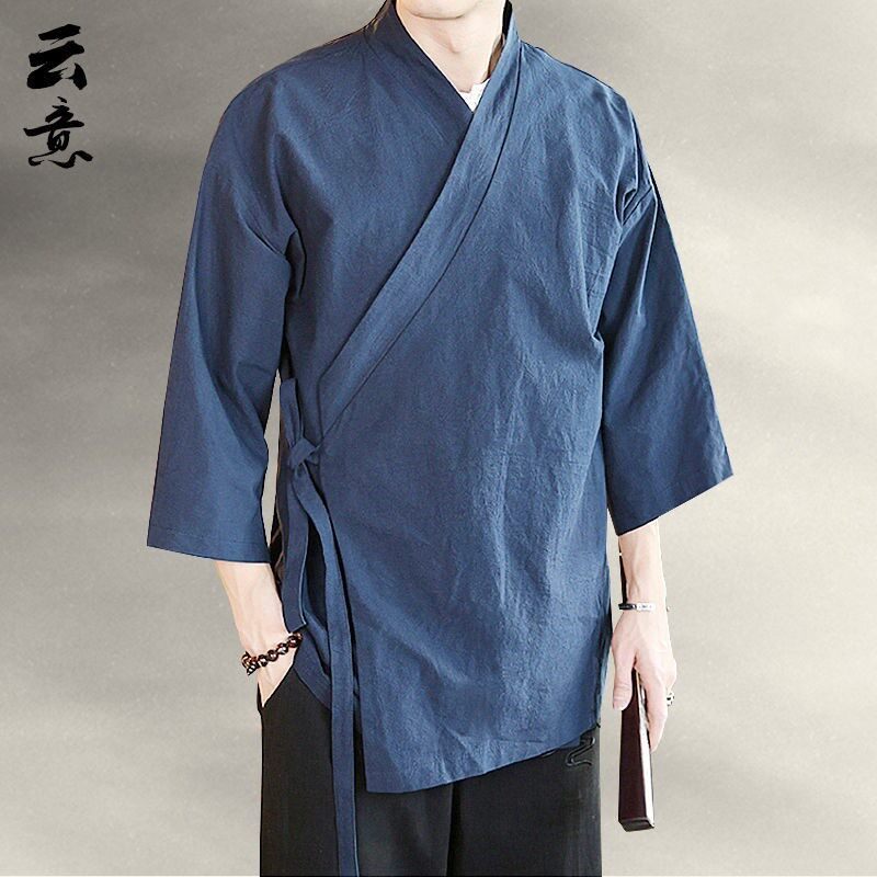 Manga de três quartos Hanfu masculino verão estilo chinês camada Diagonal roupas masculinas roupas de chá antigo algodão