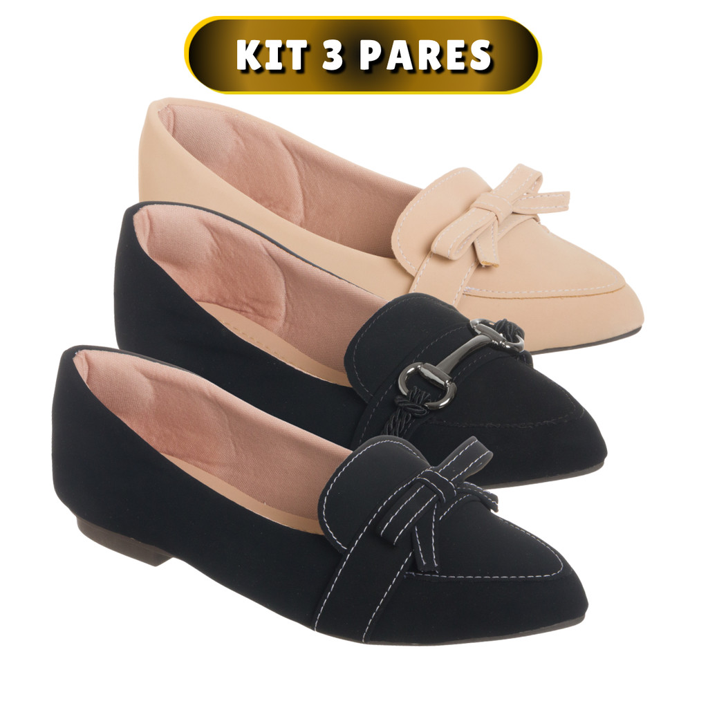 Sapatilha Feminina Mocassim Kit 3 Pares Leve Antiderrapante Confortável