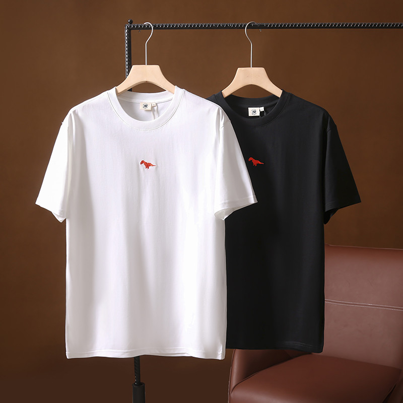 240g de algodão pesado!Bordado de dinossauro mecânico!Verão masculino feminino solto Casual em torno do pescoço manga cu