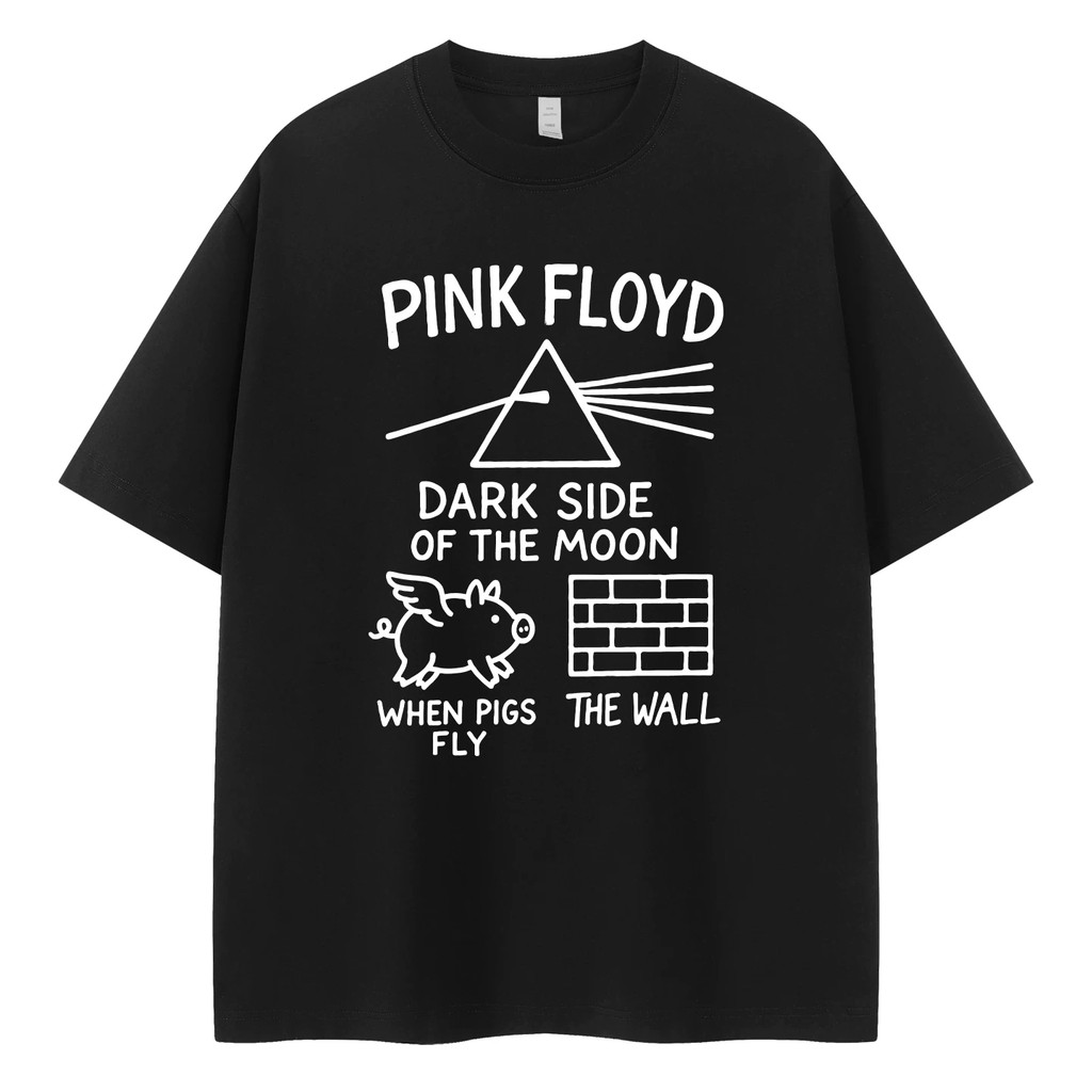 Camiseta Preta Unisex Design com Elementos de Pink Floyd Textos "PINK FLOYD" "DARK SIDE OF THE MOON" "ANIMALS" "THE WALL