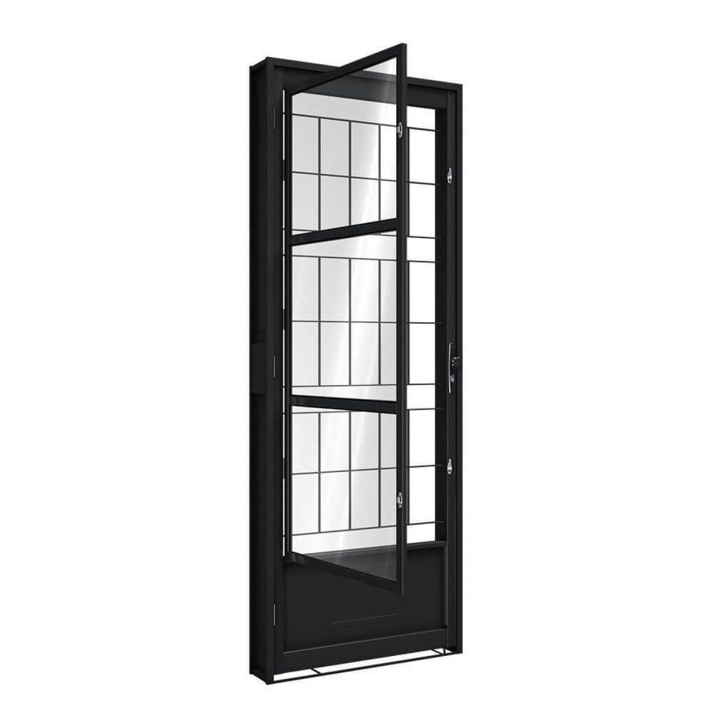 Porta de Aço de Giro com Postigo e Grade Quadrada215x85cm Aço Pronto Riobras Abertura Esquerda