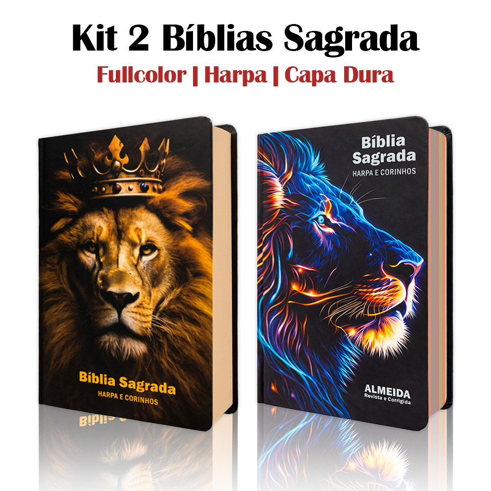 Kit 2 Biblias Sagrada Letra Gigante Luxo Popular - Leão Fortune e Leão Raio Azul - Harpa - RC