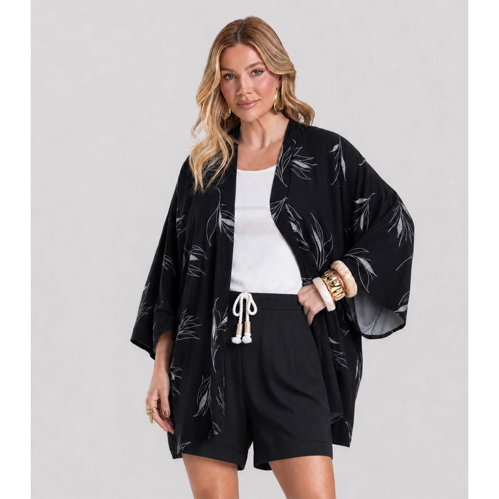 Kimono Feminino em Tecido Estampado Dianna Preto