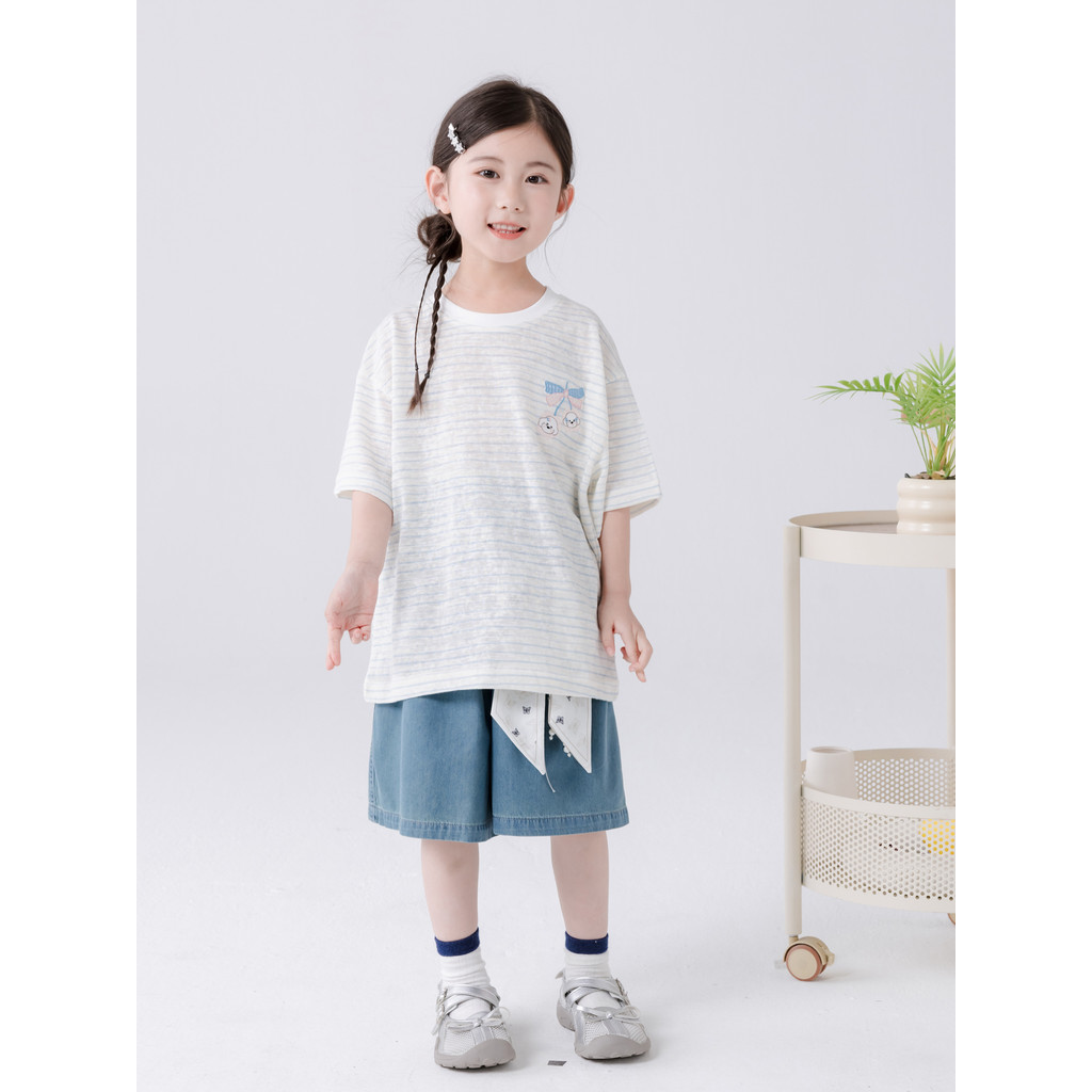 Hayilu 2026 verão novo estilo meninas camiseta de manga curta crianças médio grande moda versão coreana listrado topo