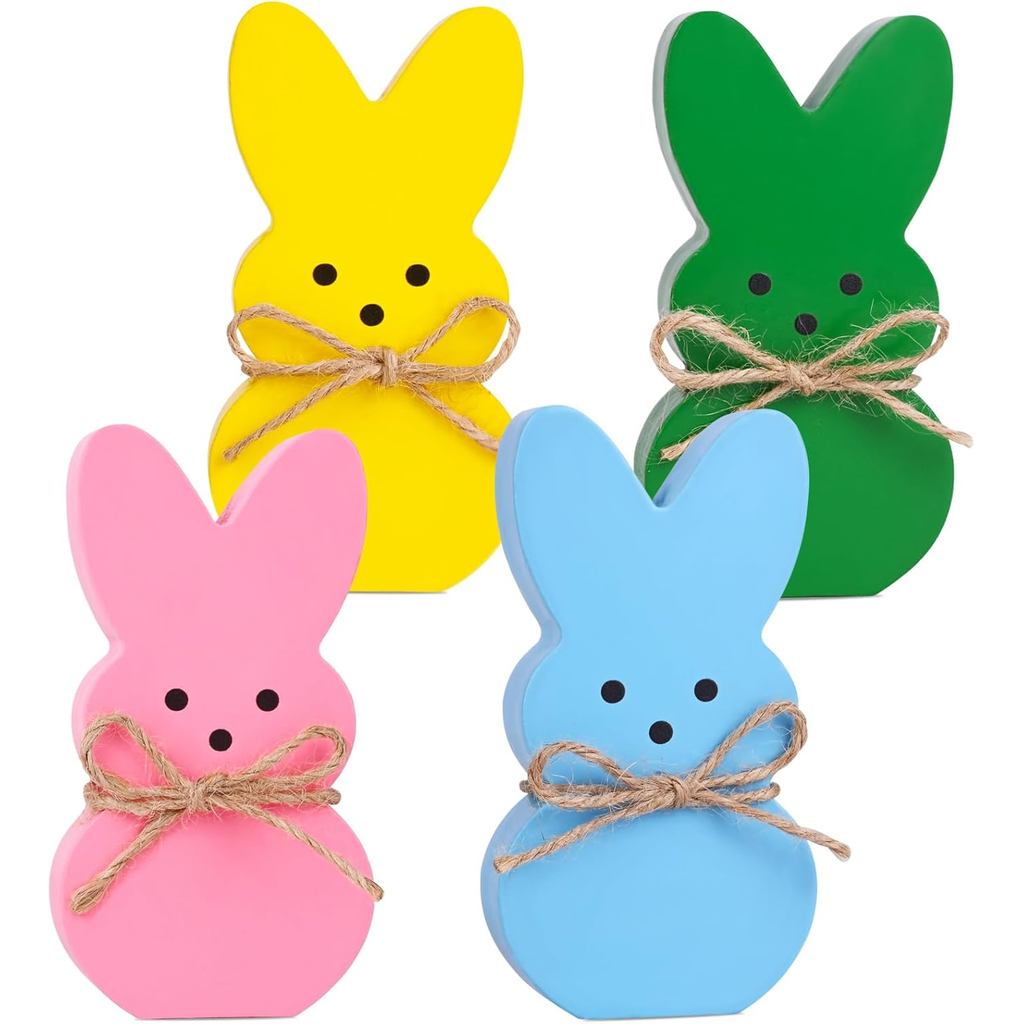 Decoração de Páscoa, 4 Peças de Decorações de Coelhinhos de Madeira para Bandejas em Níveis, Lareiras, Decoração Rústica