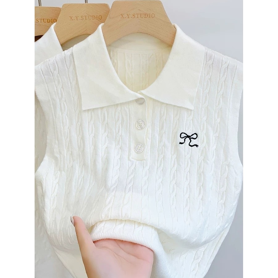Novo estilo puro desejo estilo torção colete de malha feminino verão gola Polo Bowknot bordado sem mangas colete Slimm