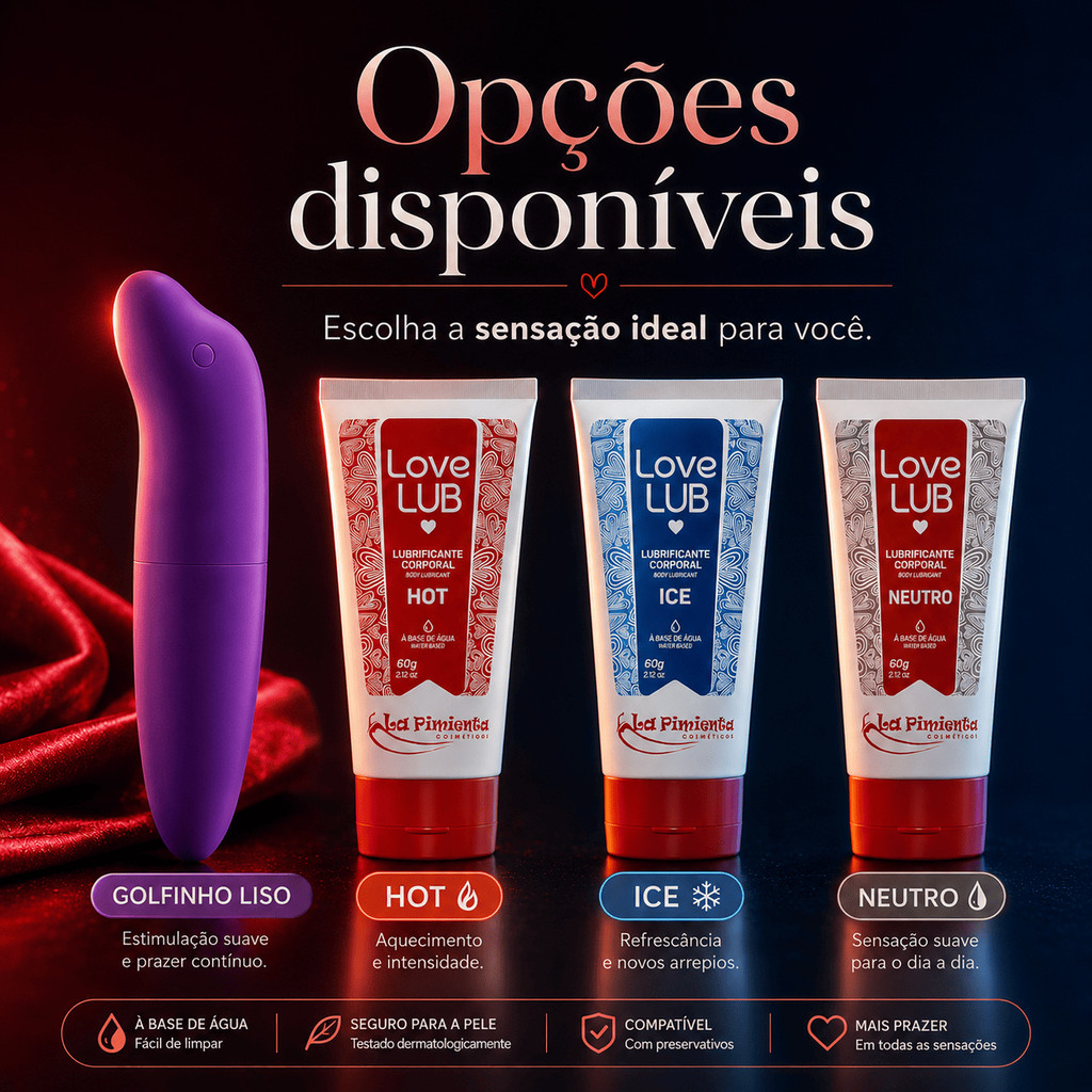 Kit Vibrador Golfinho Liso Ponto G + Lubrificante Íntimo Love Lub 60g Hot Ice Neutro Sex Shop — imagem 2 de 2