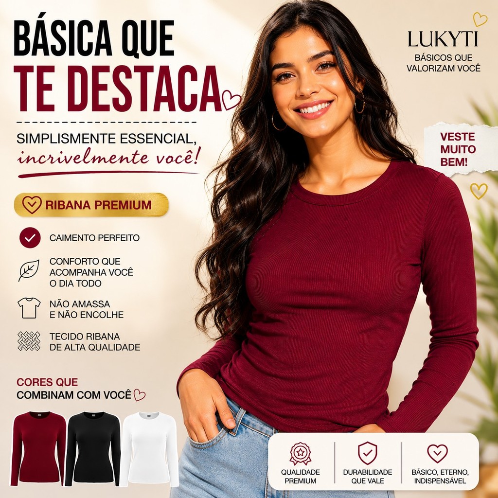 Blusa Feminina Manga Longa Ribana Canelada Gola Redonda Básica Premium Justa Inverno LUKYTI