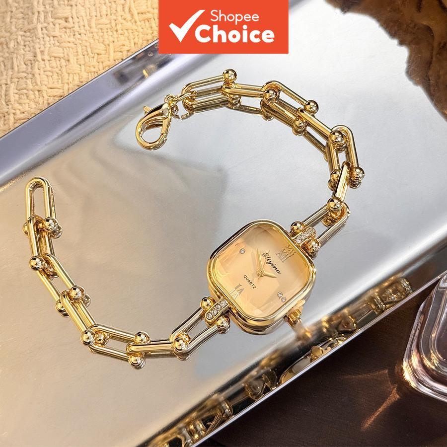 Relógio de Pulso Feminino Elegante Mostrador Quadrado Dourado com Pulseira de Corrente de Aço Quartz Relógio de Pulso