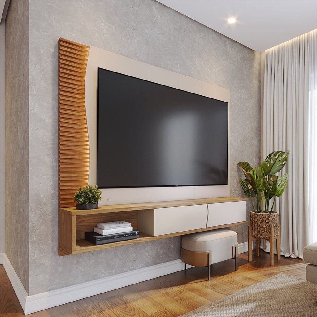 Painel Ripado para TV até 65 Polegadas com LED 179CMX155CM Detalhe 2 Portas Egeu Branco Off White Matte/Freijó
