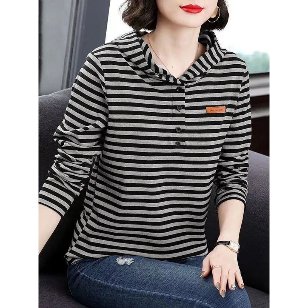 Primavera outono novo estilo listrado de manga comprida camiseta feminina Casual All-Match estilo ocidental camiseta top