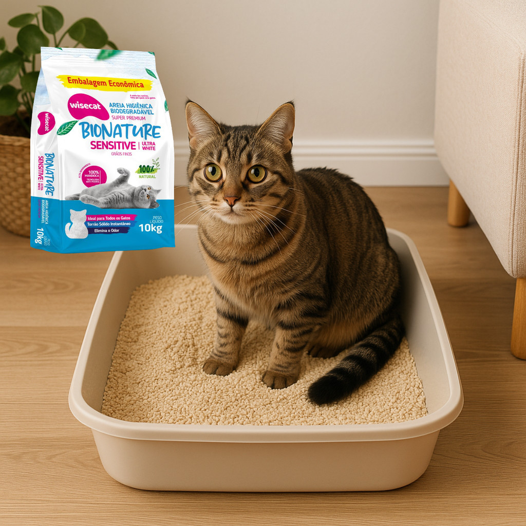 Detalhes do Kit 3 Areia Sanitária De Mandioca Grãos Finos Para Gatos Biodegradável Wisecat 6kg