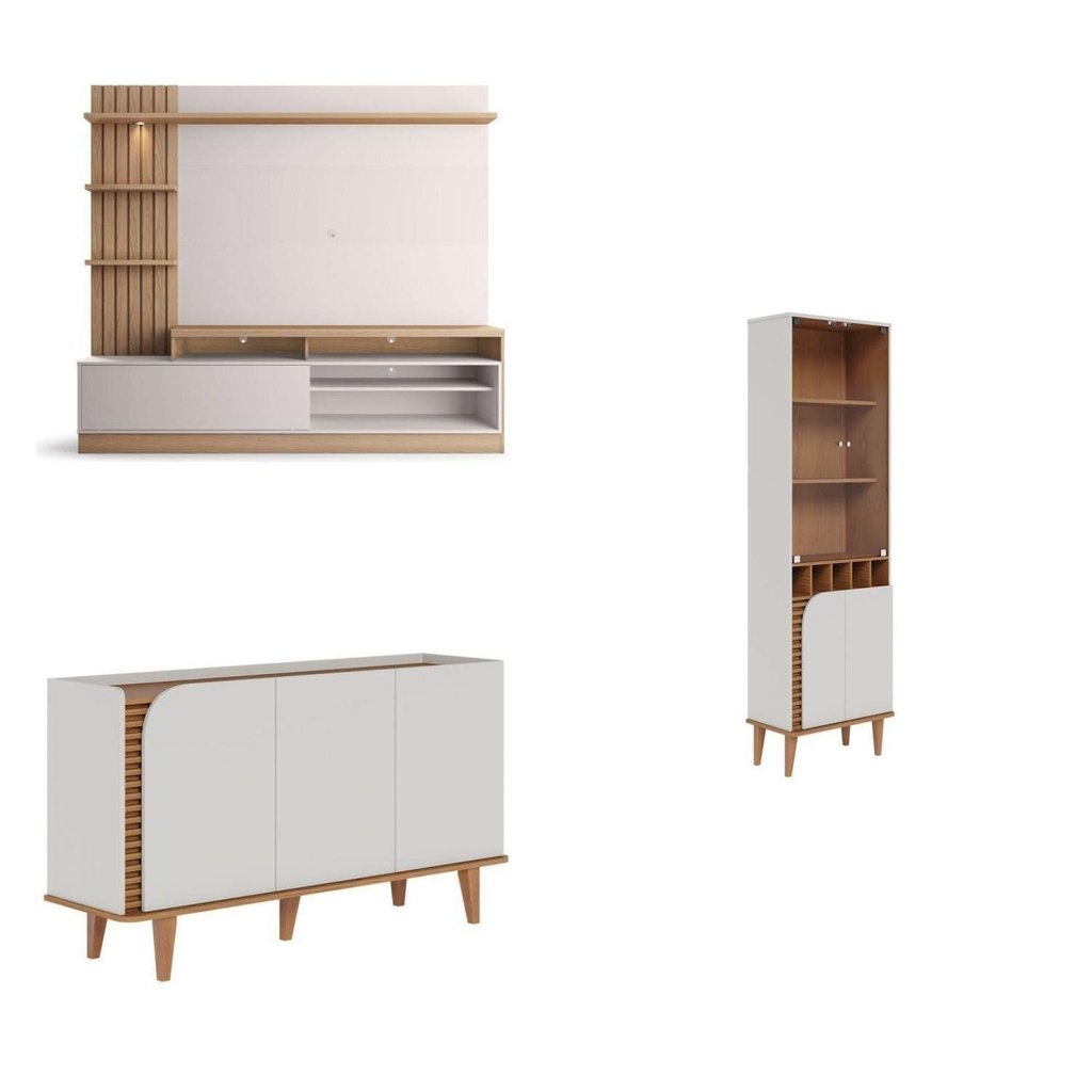 Home Theater Ripado para Tv até 65 Polegadas 180 Cm Cristaleira 2 e 1 Buffet 4 Portas Branco Off White Matte/Freijó