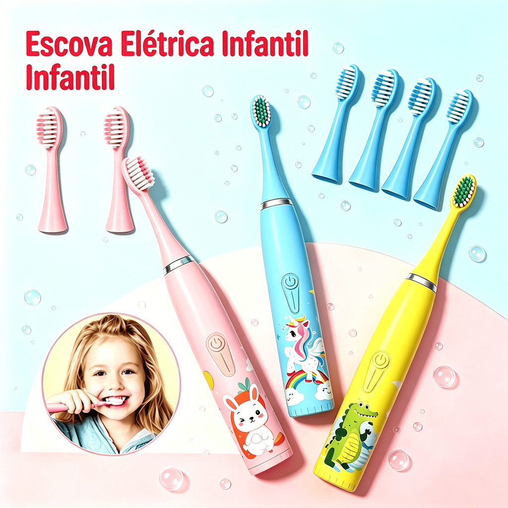 Escova Dental Elétrica Ultra-Sônica Para Crianças Acústica IPX6 Com 5 Cabeças Suaves Limpa Cuidados Cor Rosa E Azul