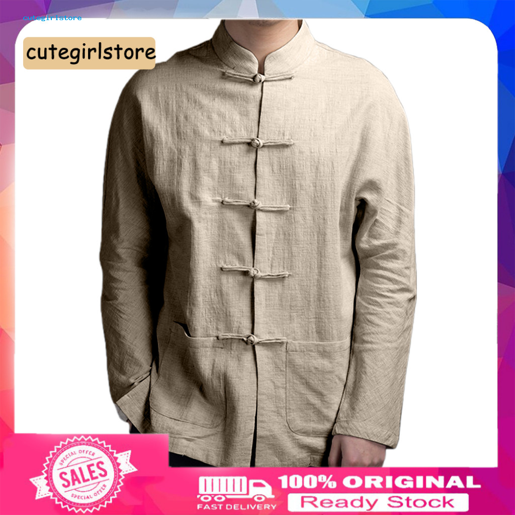 Chinese Retro Style Men Shirt Lightweight Breathable Men's Autumn Mandarin Collar Long Sleeve Kung Fu Tai Chi Top with P