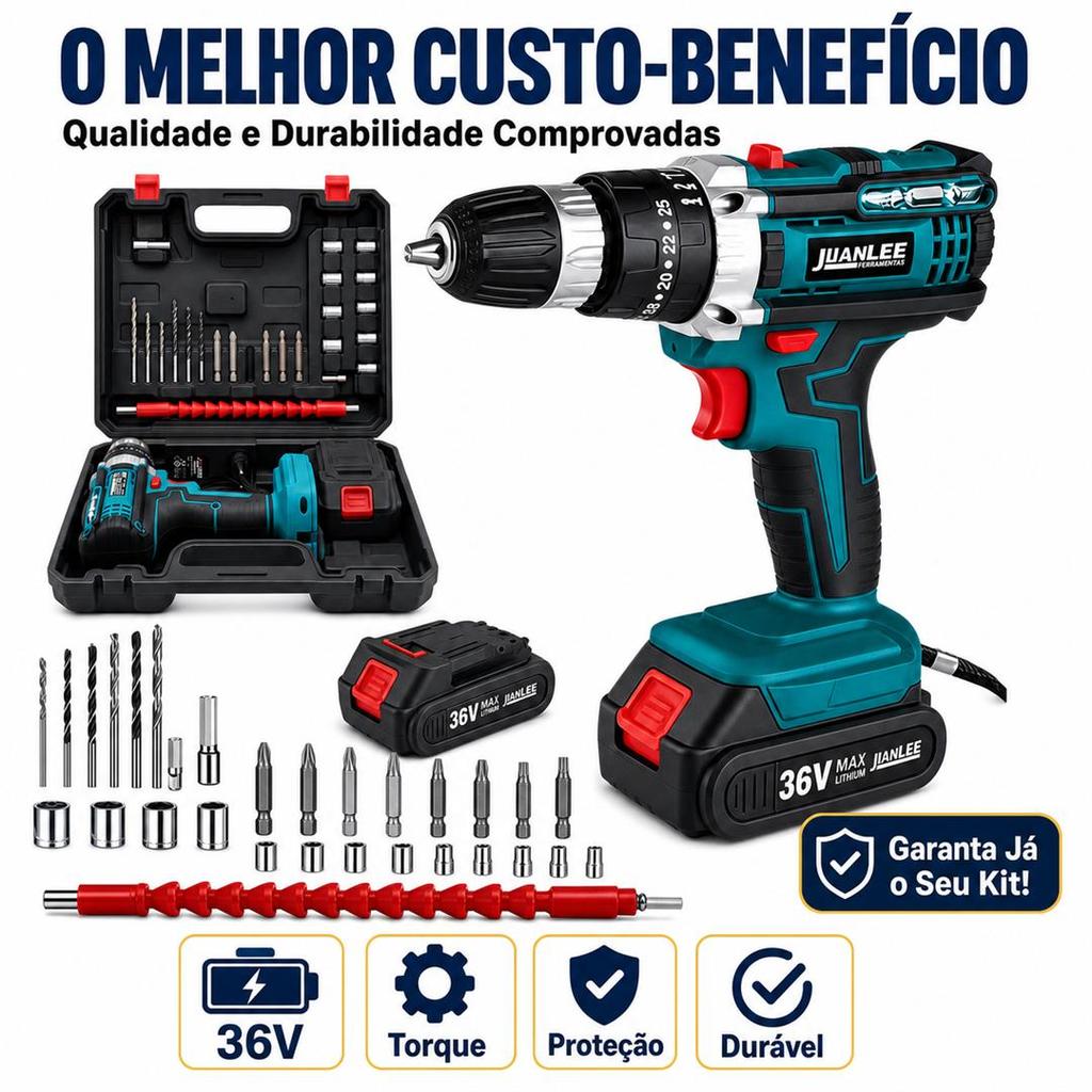 JUMLEE Conjunto de 28 peças Parafusadeira e Furadeira À Bateria 36v Sem Fio Bivolt Azul-2 Baterias e Kit Parafusadeira E