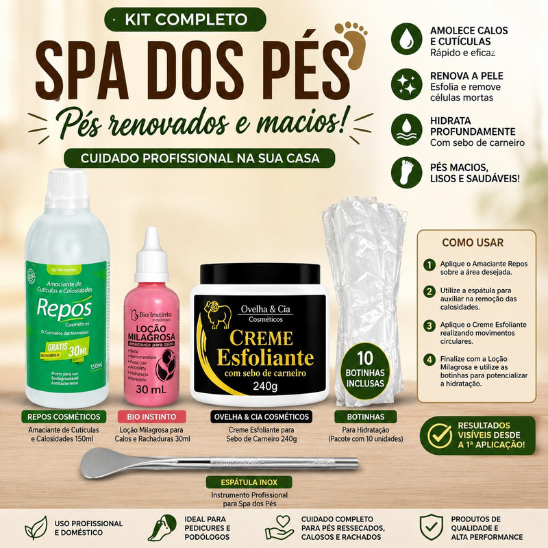 KIT COMPLETO SPA DOS PÉS REPOS + LOÇÃO MILAGROSA + CREME ESFOLIANTE SAN JULLY + ESPÁTULA 222