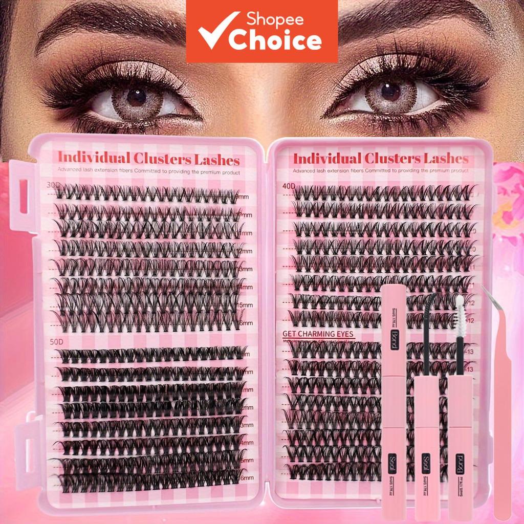 Kit de Cílios Postiços Naturais em Estilo Gato Olho, Curvatura D, Faixas Finas e Leves, Extensão Individual com Cola e