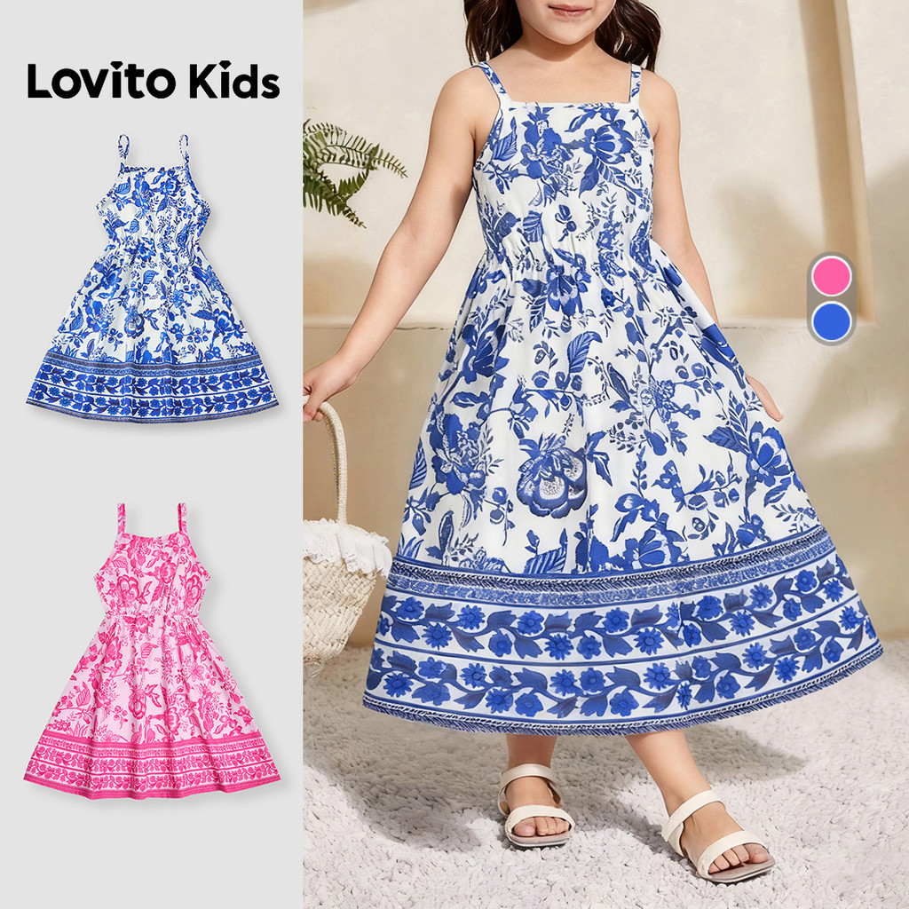 Lovito Kids Vestido Boho de Boa Textura para Primavera/verão Vestido Azul para menina L162LD200