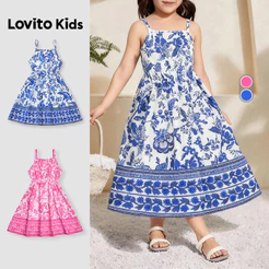 Lovito Kids Férias Vestido de Boa Textura para Primavera/verão Vestido Azul para menina L162LD200