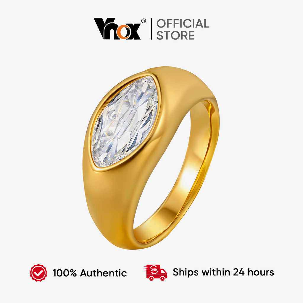 Anel Vnox com Zircônia Corte Marquise, Hipoalergênico, em Aço Inoxidável, Decorativo, Banhado a Ouro 18K AWWD