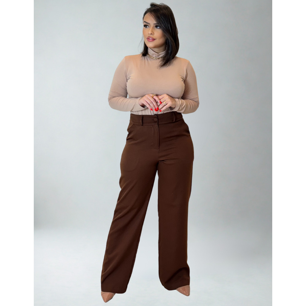 Calça Feminina Pantalona Alfaiataria Trabalho Social Wide Leg Confortável Versátil Cor Marrom Escuro