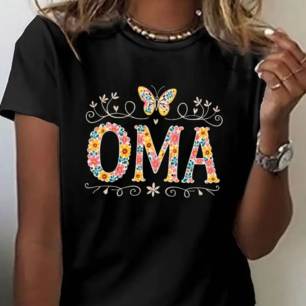 Camiseta de Mujer OMA con Estampado Floral y Geométrico - Manga Corta, Cuello Redondo Casual con Diseño de Mariposa
