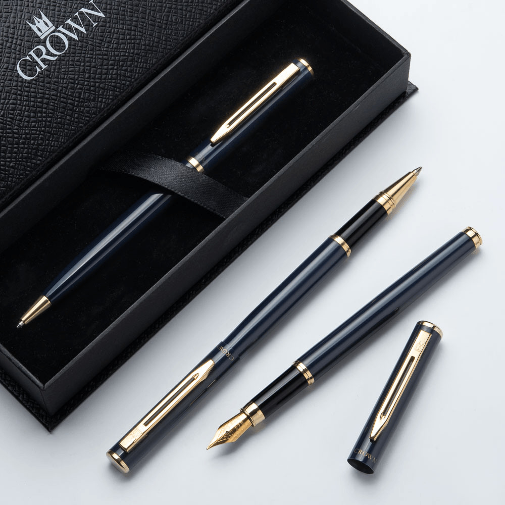 Kit Premium Crown Capricci Azul | Esferográfica, Roller e Tinteiro em Oferta na Shopee