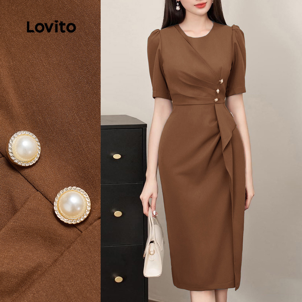 (New) Lovito Vestido Elegante com Babados para Primavera/verão Vestido Marrom para mulheres L150ED093 em Oferta na Shopee
