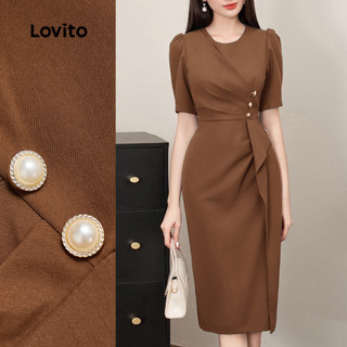 (Elegante) Lovito Vestido com Babados para Primavera/verão Vestido Marrom para mulheres L150ED093